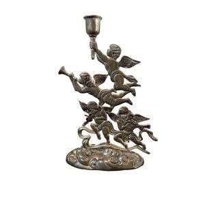 Vintage GODINGER Angel Cupid Cherub Candlestick Holder Silver Plated